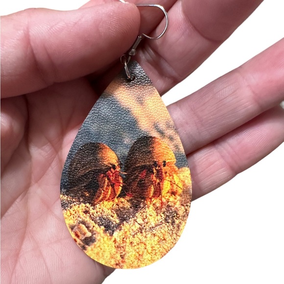 Leather Teardrop Shaped Hermit Crab Print Earrings - Picture 4 of 6